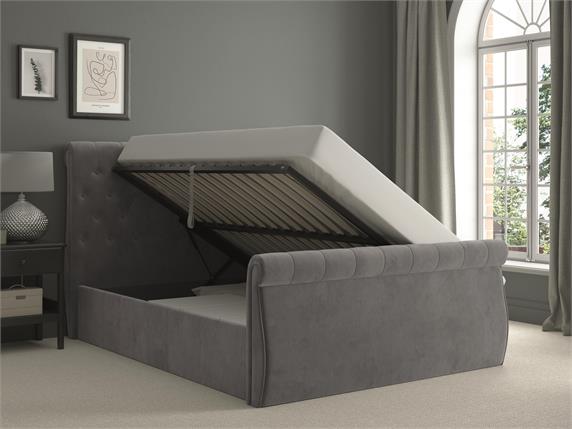 Stringer Grey Velvet Ottoman Bed & Mattress Set